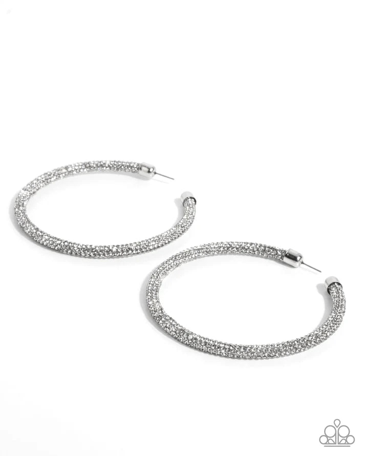 Classy Condition White Glittery Rhinestone 3 1/2 Inch Hoop Earring Life Of The Party May 2025 Paparazzi
