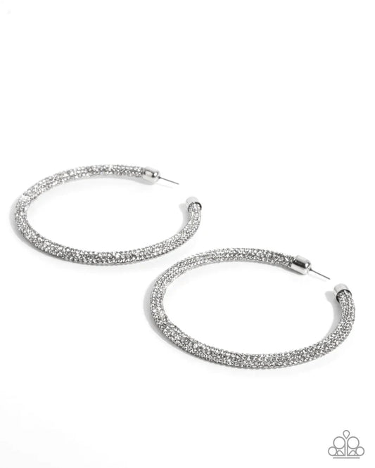 Classy Condition White Glittery Rhinestone 3 1/2 Inch Hoop Earring Life Of The Party May 2025 Paparazzi E2848