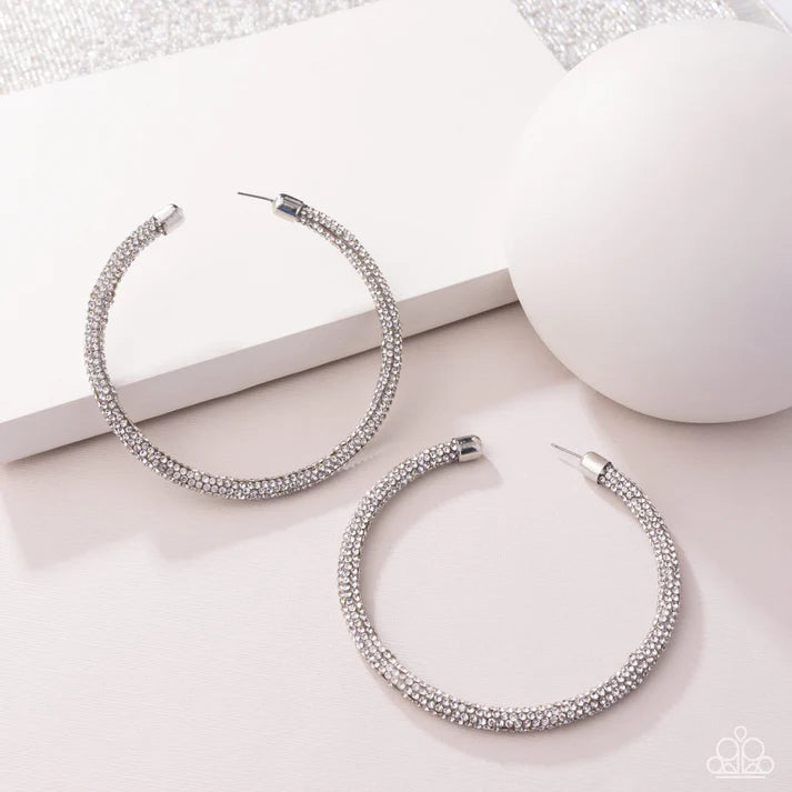 Classy Condition White Glittery Rhinestone 3 1/2 Inch Hoop Earring Life Of The Party May 2025 Paparazzi