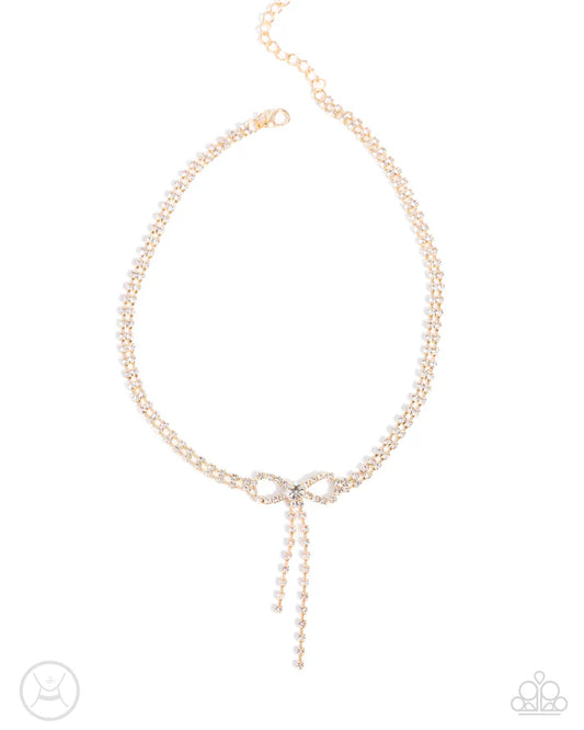 Dapper Delicacy Gold Bow & White Rhinestone Choker Necklace Paparazzi N2763