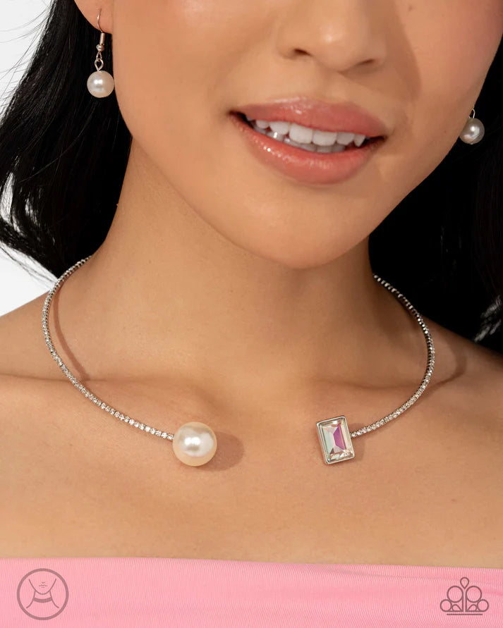 Euphoric Elegance - Multi Iridescent Gem White Pearl Silver Collar Necklace March 2025 Life of the Party Paparazzi N2898