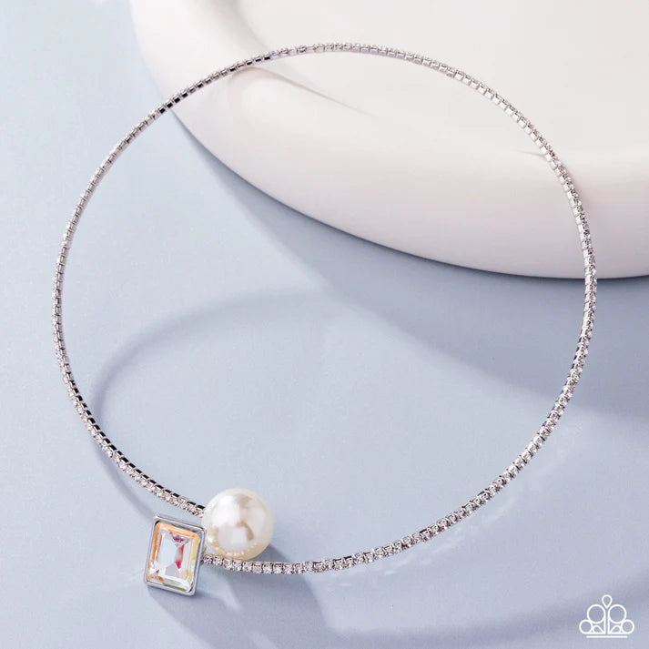 Euphoric Elegance - Multi Iridescent Gem White Pearl Silver Collar Necklace March 2025 Life of the Party Paparazzi N2898