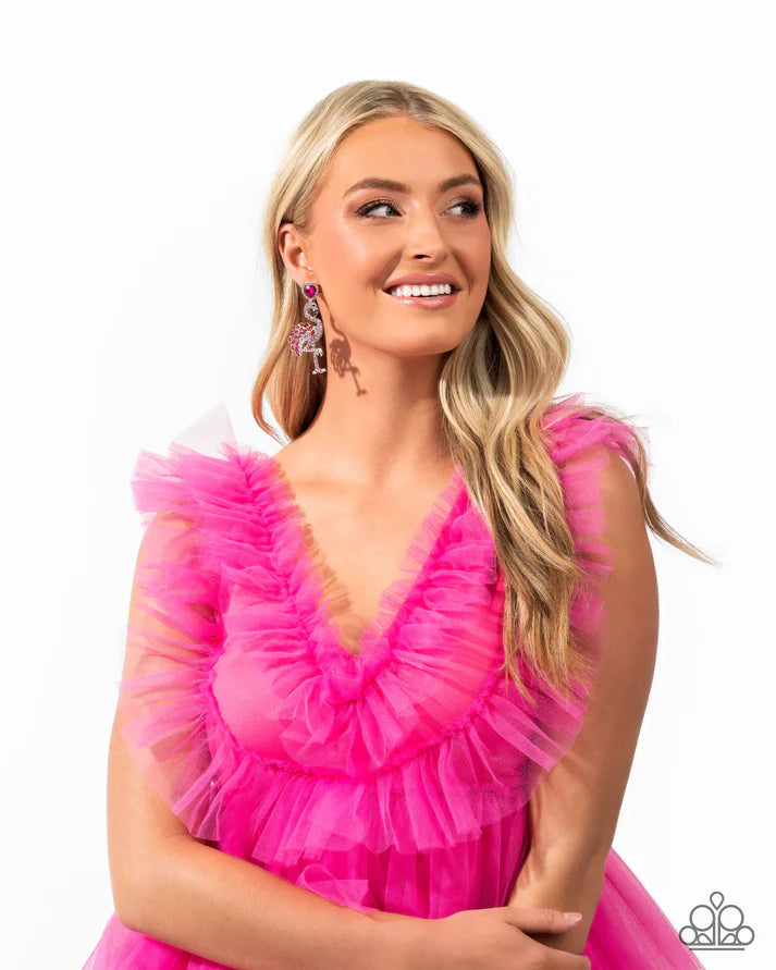 Flamingo Freestyle Pink Rhinestone Heart & Flamingo Post Earring Life Of The Party January 2025 Paparazzi E1809