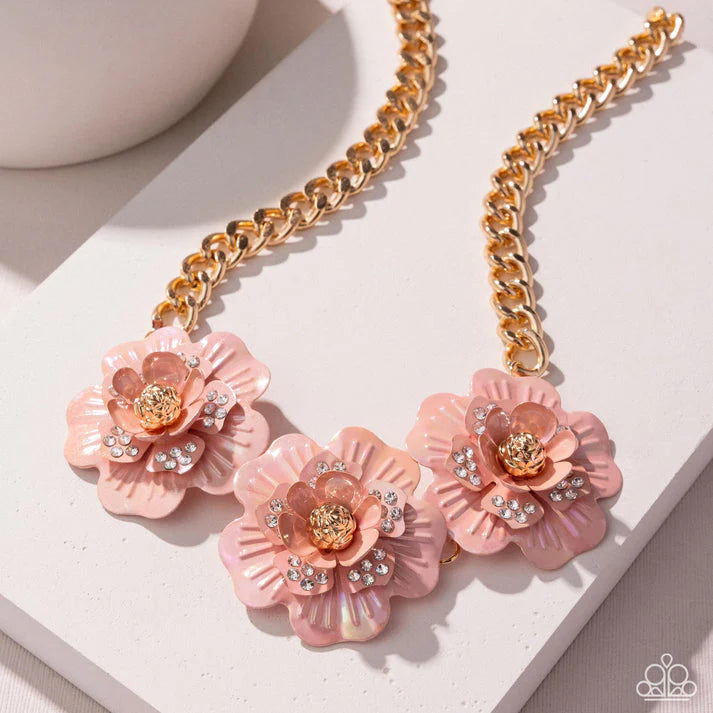 Gala Genre Pink Flower Gold Necklace Life Of The Party December 2024 Paparazzi N2814