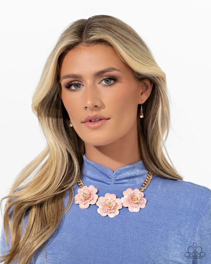 Gala Genre Pink Flower Gold Necklace Life Of The Party December 2024 Paparazzi N2814