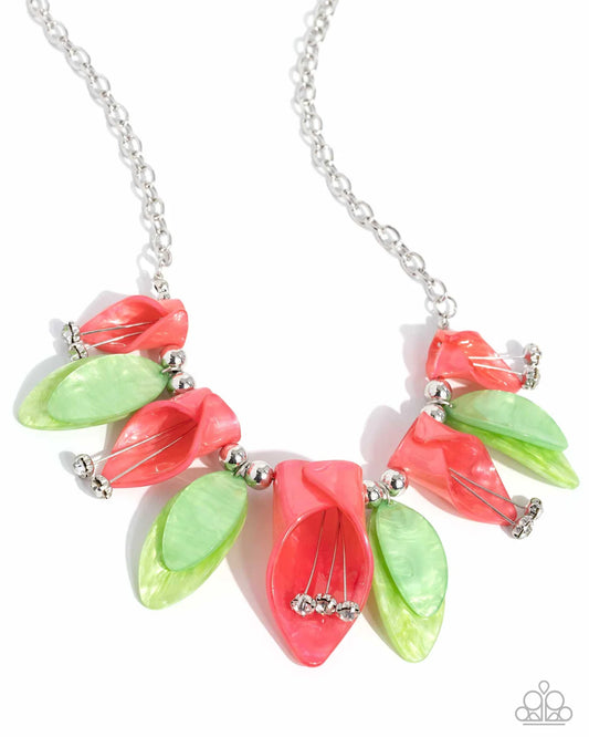 Garden Gaze Green, Coral Orange Acrylic Flower Necklace Life Of The Party June 2024 Paparazzi N2787