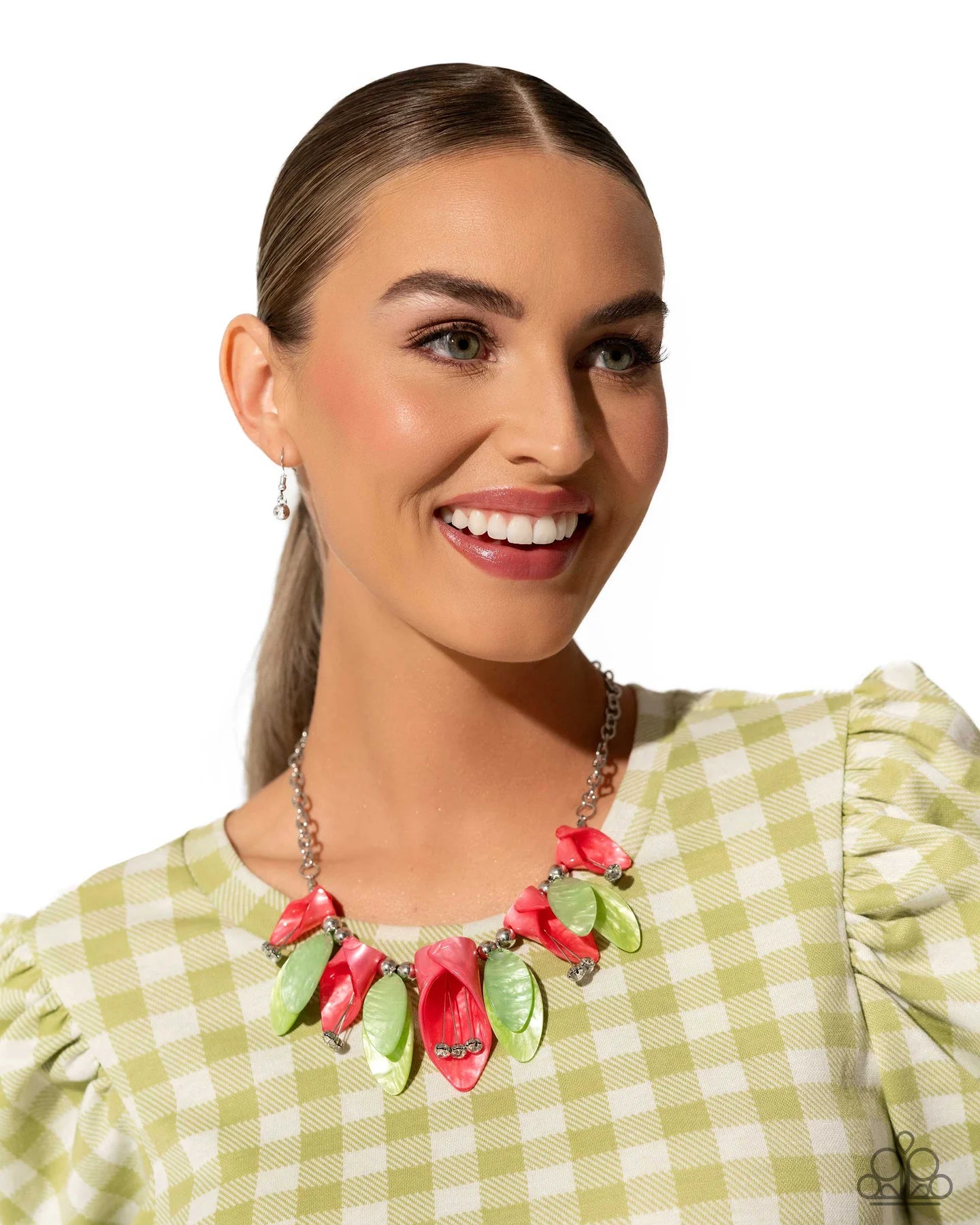 Garden Gaze Green, Coral Orange Acrylic Flower Necklace Life Of The Party June 2024 Paparazzi N2787