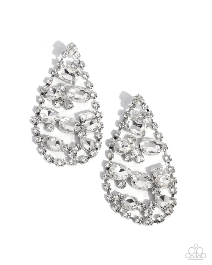 Giant Glitter White Rhinestone, Gem Teardrop Post Earring Empower Me Pink 2025 Exclusive Paparazzi