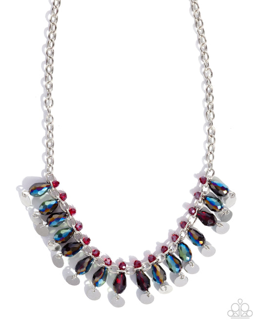 Glimpses Of Glitz Red UV Shimmery Teardrop Bead & Silver Disc Necklace Paparazzi N3507