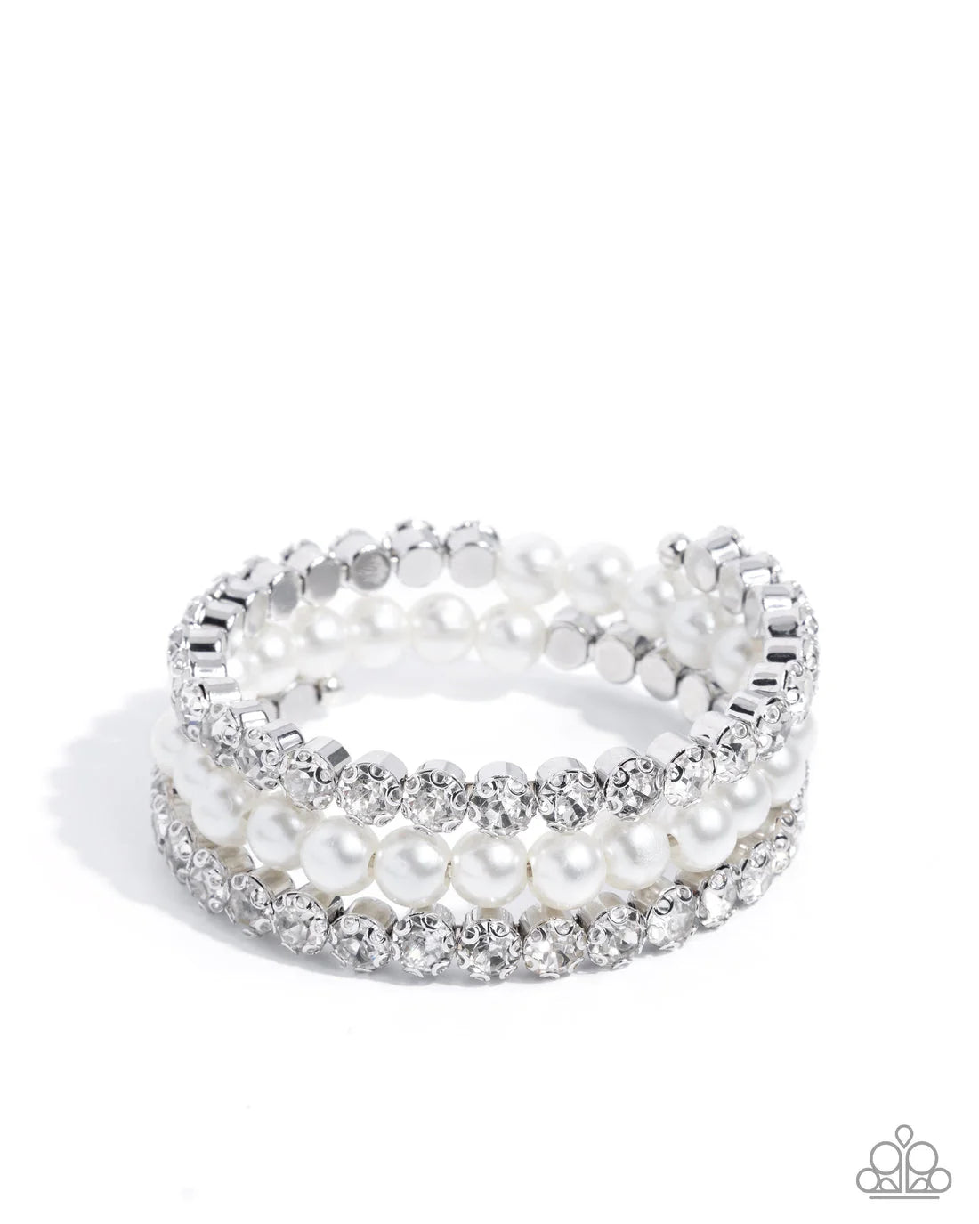 Grandiose Glitz White Rhinestone Coil Bracelet Life Of The Party December 2024 Paparazzi B1915