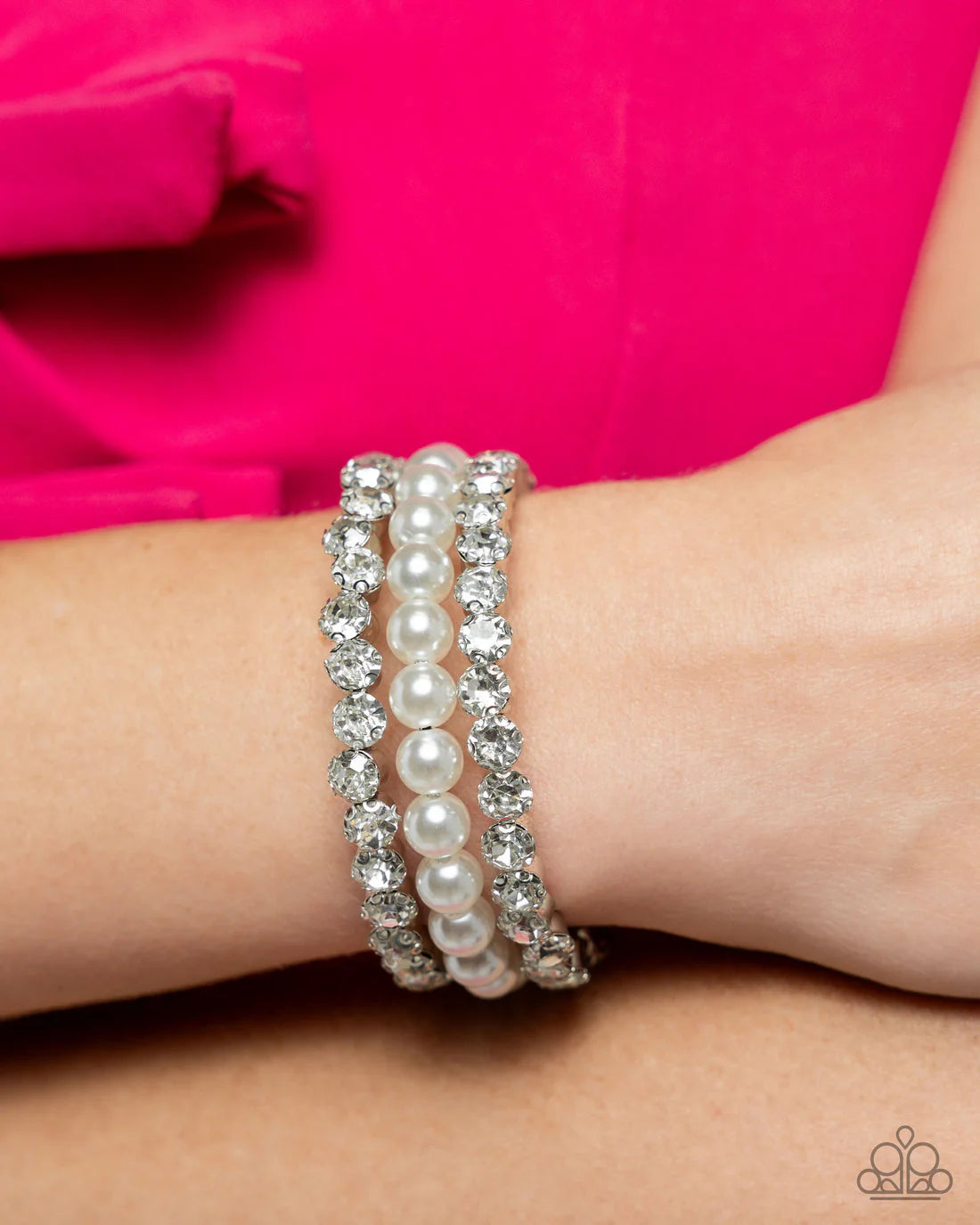 Grandiose Glitz White Rhinestone Coil Bracelet Life Of The Party December 2024 Paparazzi B1915