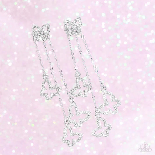 Boisterous Butterfly White Rhinestone Butterfly Post Earring Paparazzi
