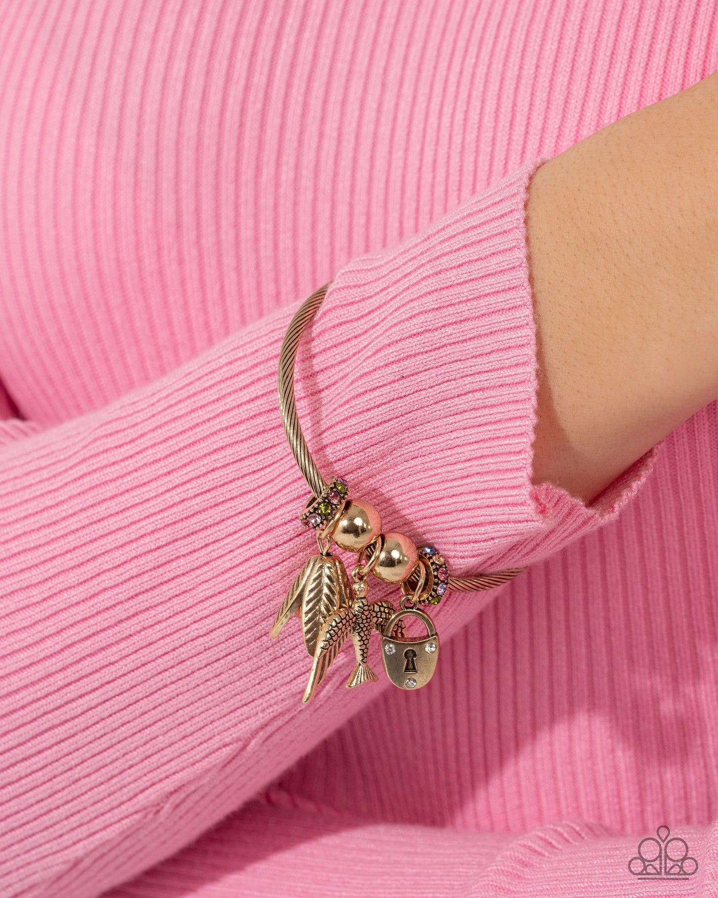 Malibu Meeting - Multi Color Rhinestone Gold Bird Lock Charm Bangle Bracelet March 2025 Life of the Party Paparazzi B2011
