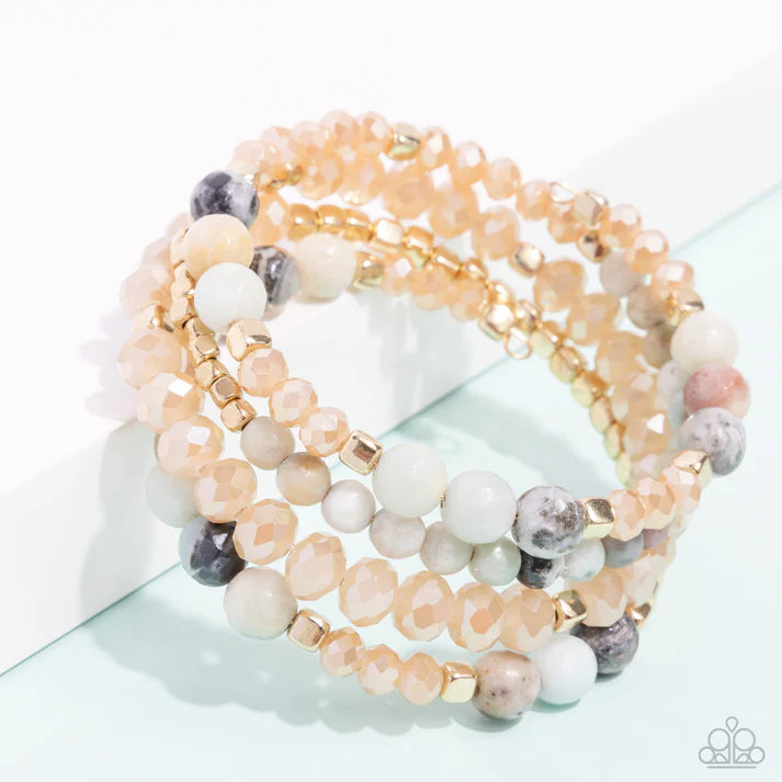 Marbled Melody Multi Gold & Multicolored Stone Bead Coil Bracelet 2024 Summer Party Pack Paparazzi B1724