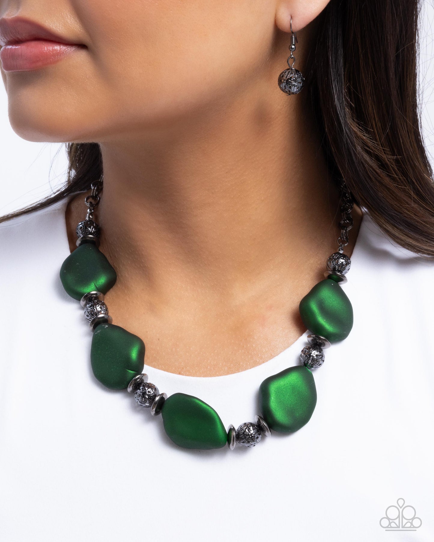 Refulgent Reformation Green Emerald & Gunmetal Bead Necklace Paparazzi N2621