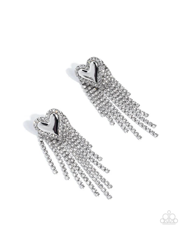 Paparazzi Sentimental Strands White Silver Heart Post Earring Gimme The Glitz 2025 E2163
