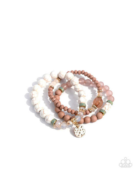 Sunset Sass - White Marbled Stone, Brown Brush, Turquoise Stone, Light Brown Bead Set of 3 Stretch Bracelets Santa Fe Style Paparazzi B1890