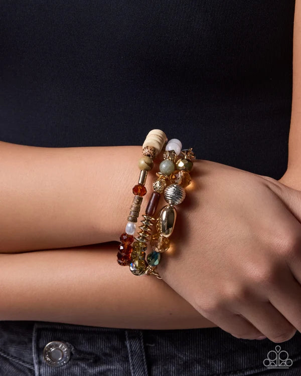Paparazzi Tame Texture Brown Wood, Baroque Pearls, Gold Pebble & Multicolored Stone Set of 3 Bracelets