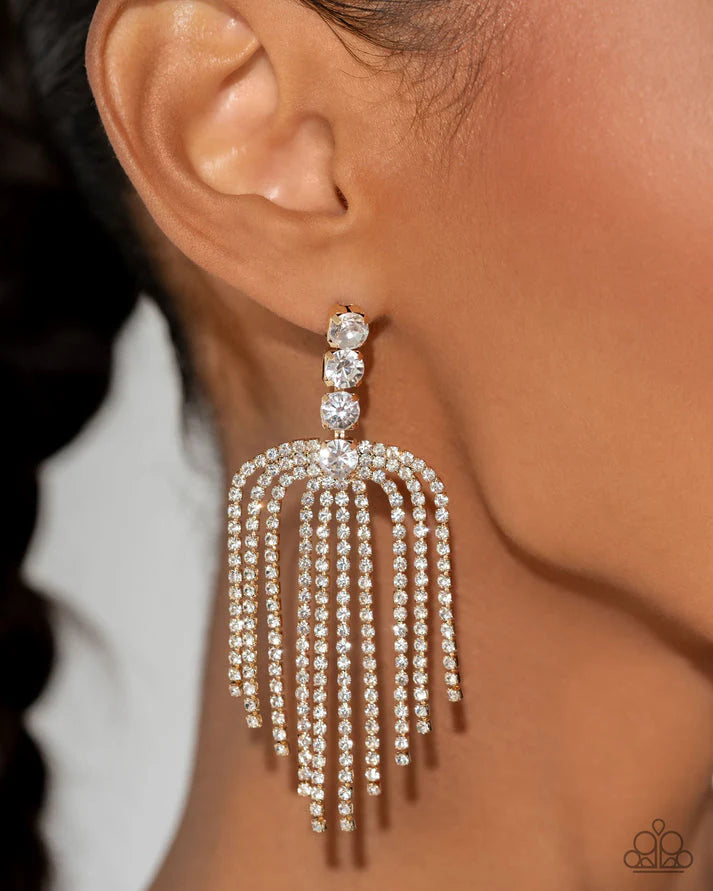 Tapered Twilight Gold White Rhinestone Fringe Earring Life Of The Party December 2024 Paparazzi E2456