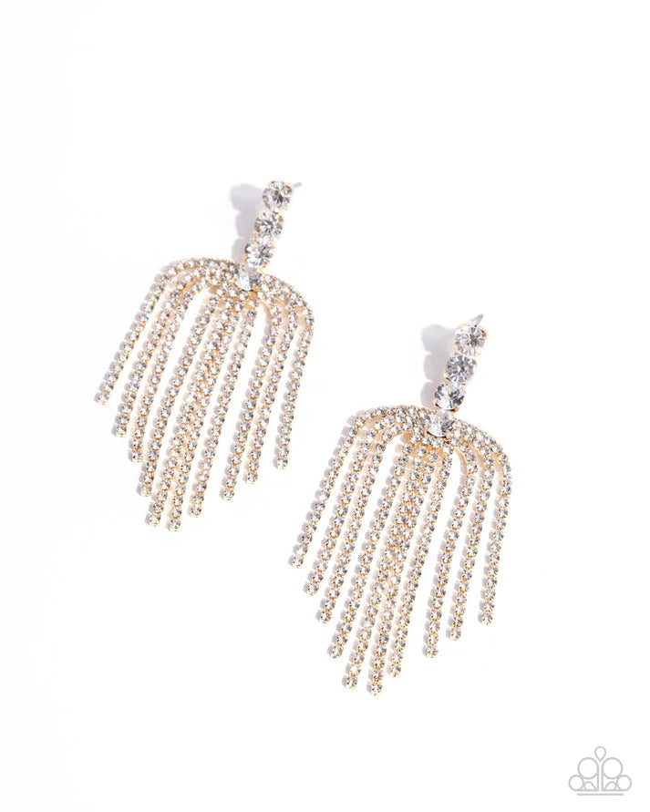 Tapered Twilight Gold White Rhinestone Fringe Earring Life Of The Party December 2024 Paparazzi E2456