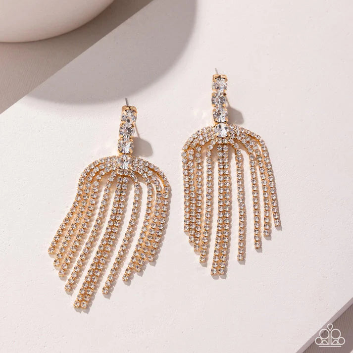 Tapered Twilight Gold White Rhinestone Fringe Earring Life Of The Party December 2024 Paparazzi E2456