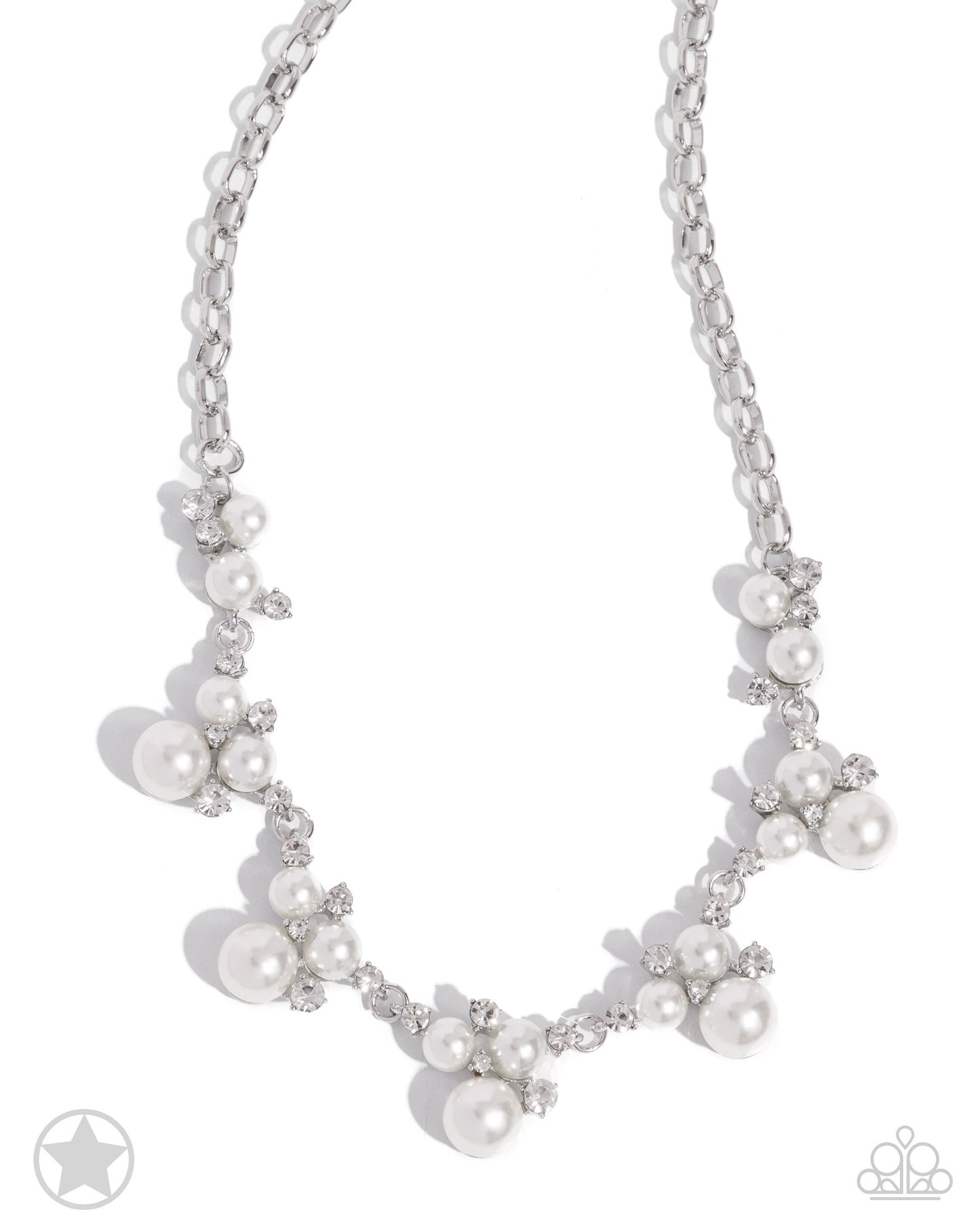 Toast to Perfection Silver, White Pearl & Rhinestone Blockbuster Necklace Paparazzi N0041