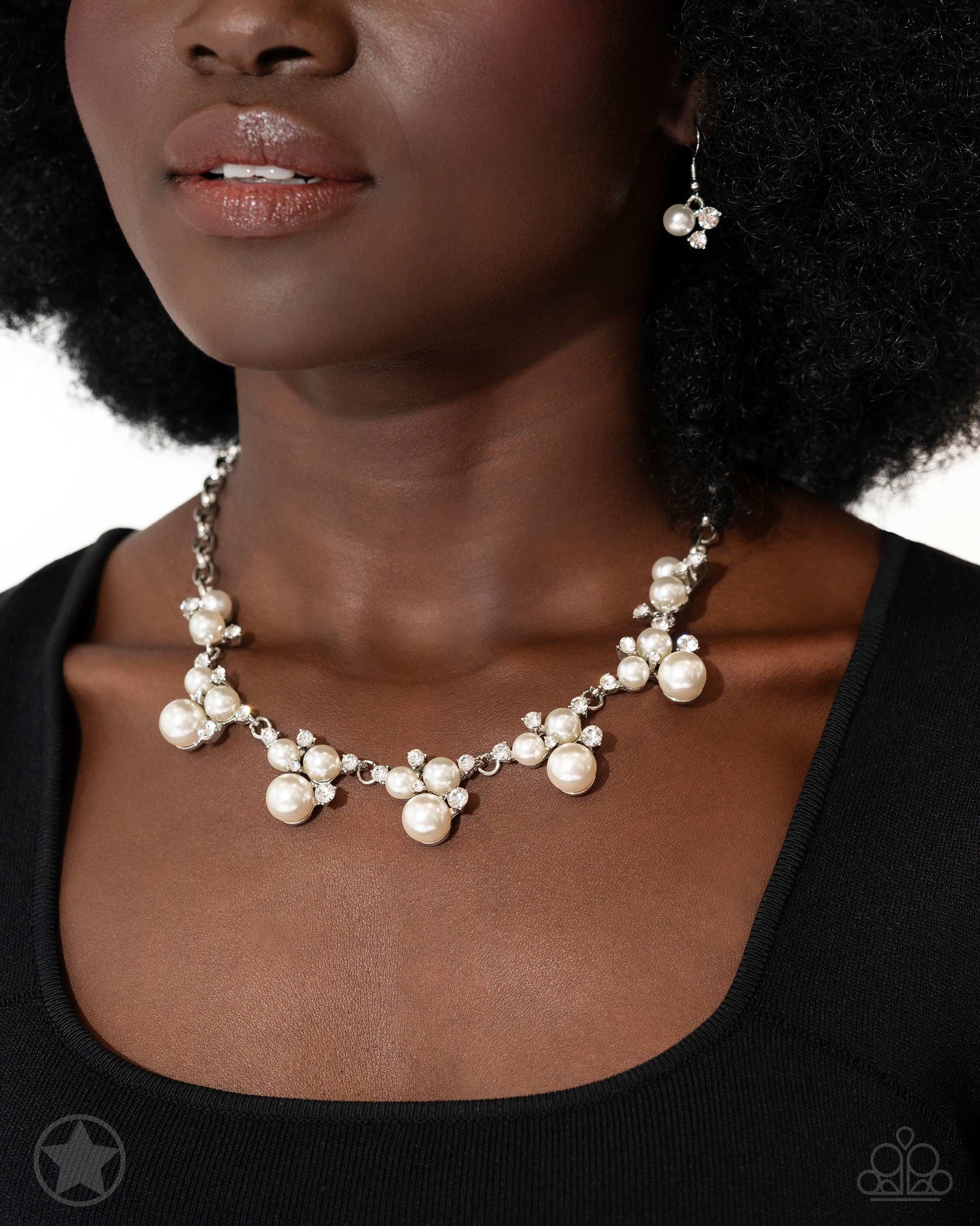 Toast to Perfection Silver, White Pearl & Rhinestone Blockbuster Necklace Paparazzi N0041