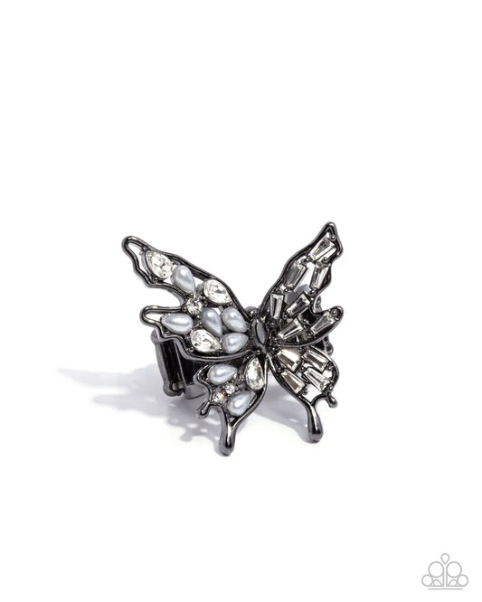 Aerial Allure - Black Gunmetal White Rhinestone Butterfly Ring Paparazzi