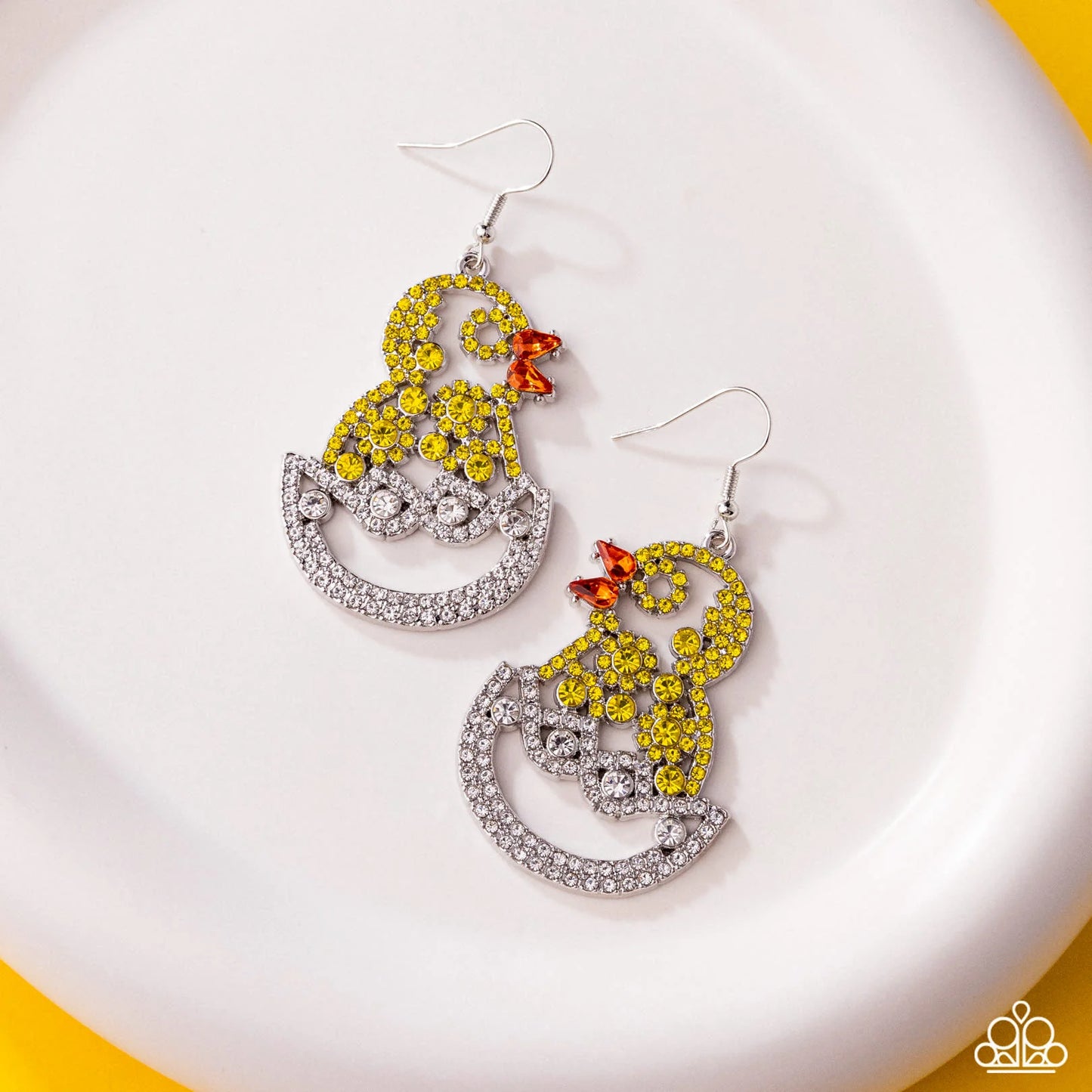 Chick Couture - Yellow Rhinestone Chick Egg Easter Silver Earrings March 2025 Life of the Party Paparazzi E2578