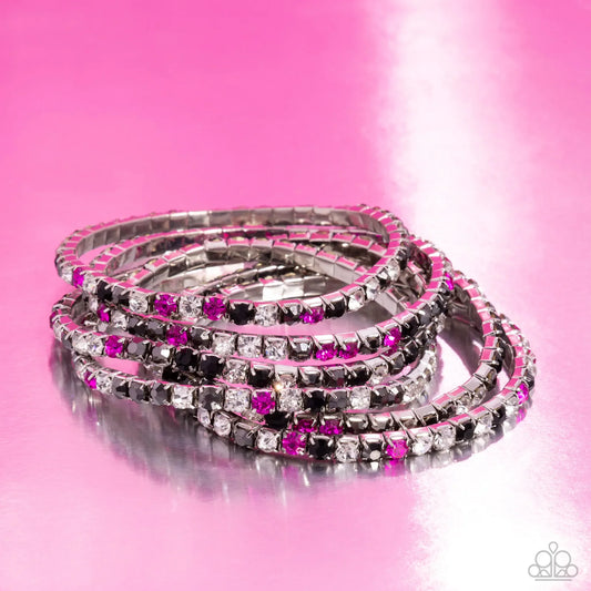 Rock Candy Range - Pink Black White Rhinestone Silver Stretch Bracelet Set - Pink Diamond Exclusive - Paparazzi B2462