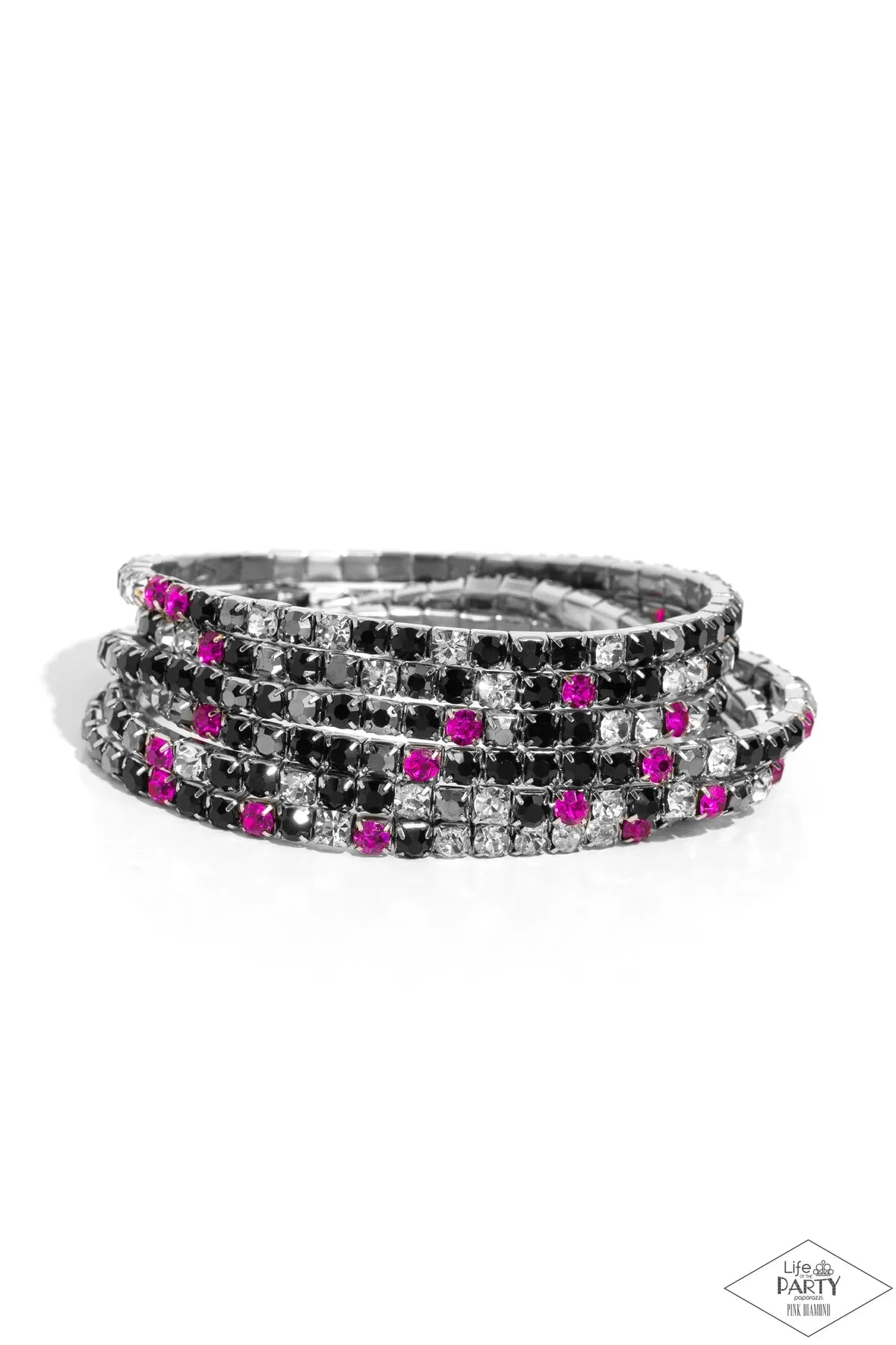 Rock Candy Range - Pink Black White Rhinestone Silver Stretch Bracelet Set - Pink Diamond Exclusive - Paparazzi B2462