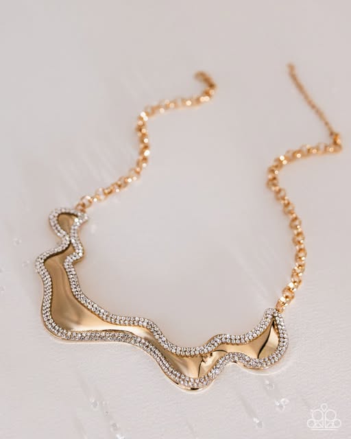 Paparazzi Wavy Wonder Gold & White Rhinestone Necklace Gimme The Glitz #6 2026 N3936