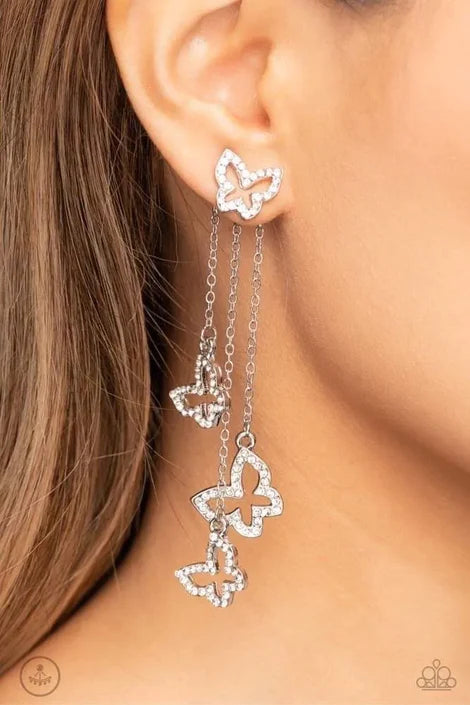 Boisterous Butterfly White Rhinestone Butterfly Post Earring Paparazzi
