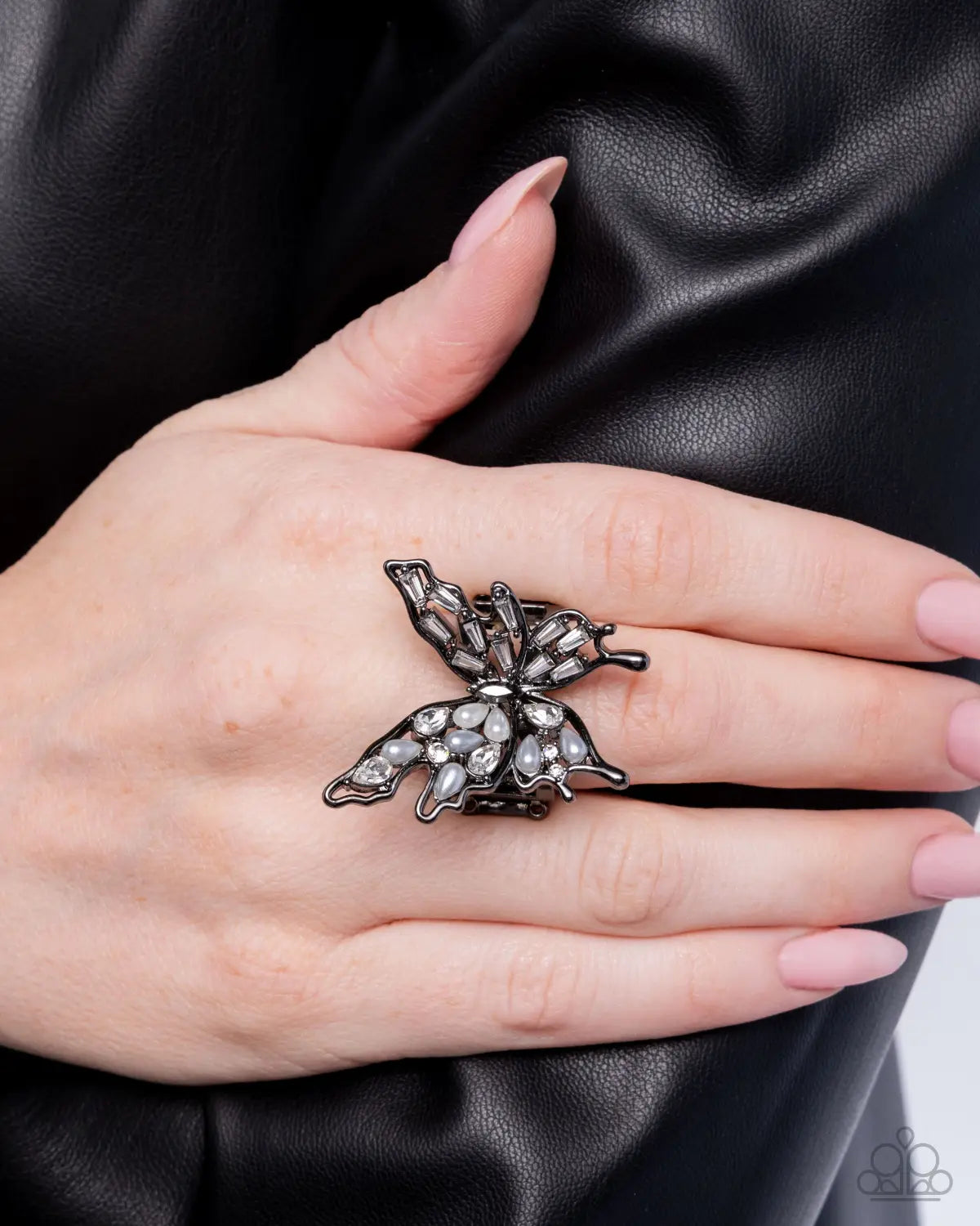 Aerial Allure - Black Gunmetal White Rhinestone Butterfly Ring Paparazzi