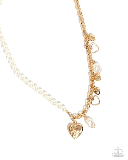 Charming Competitor - Gold & White Pearl Heart Short Necklace Paparazzi N2912