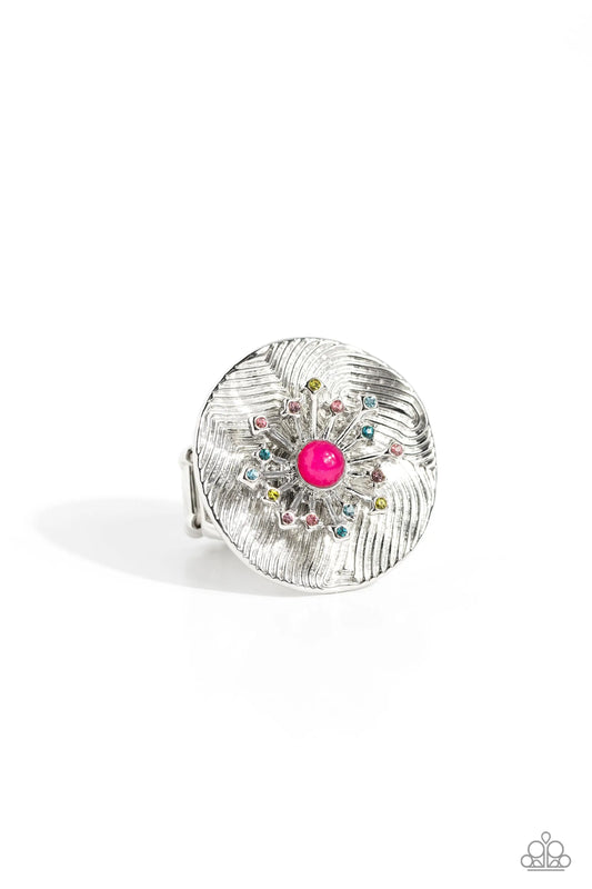 Seriously Sunburst Pink Peacock Center Pink, Blue & Olive Green Rhinestone Ring Life Of The Party October 2023 Paparazzi R0564