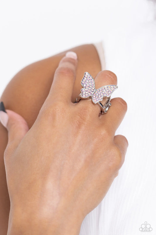 High Time Pink Iridescent Rhinestone Butterfly Ring Paparazzi R0568