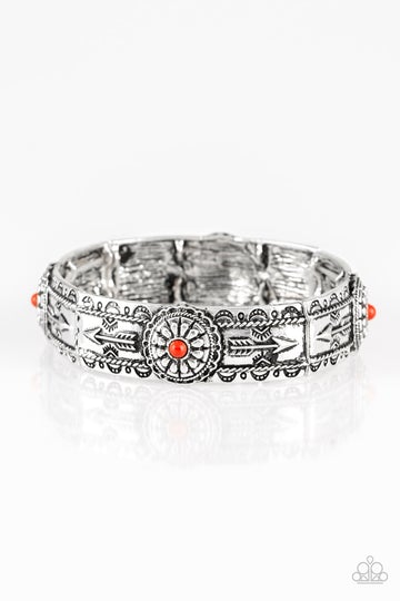 Southern Borders Red Bead Silver Frame Stretch Bracelet Santa Fe Style Paparazzi B0010