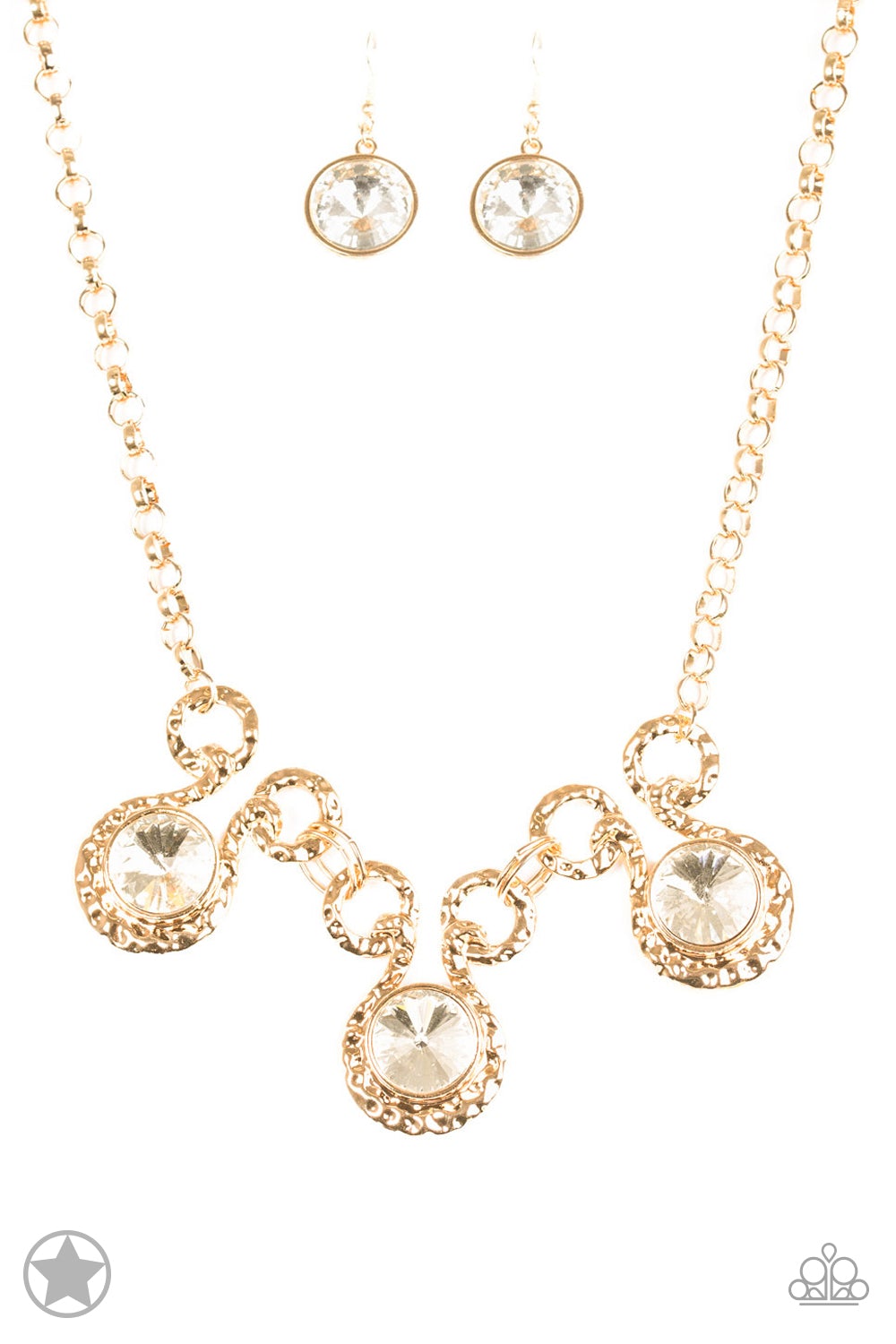 Hypnotized Gold & White Oversized Rhinestone Blockbuster Necklace Paparazzi N0106