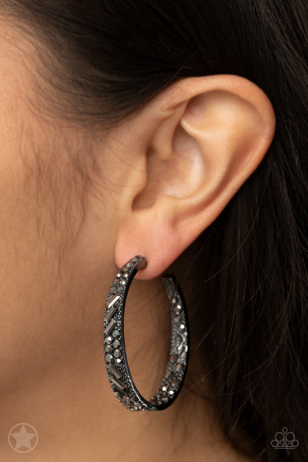 Glitzy by Association Black Gunmetal Hematite Rhinestone Blockbuster 1 3/4 Inch Hoop Earring Paparazzi E0025