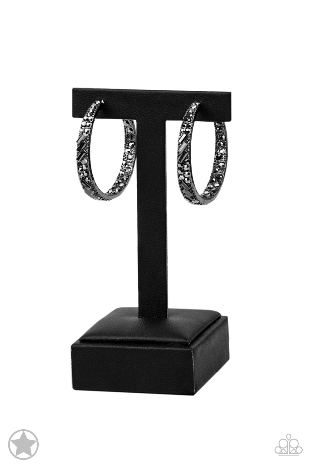 Glitzy by Association Black Gunmetal Hematite Rhinestone Blockbuster 1 3/4 Inch Hoop Earring Paparazzi E0025