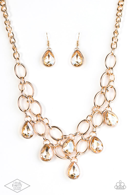 Show-Stopping Shimmer - Gold White Rhinestone Life Of The Party Necklace Paparazzi N0908