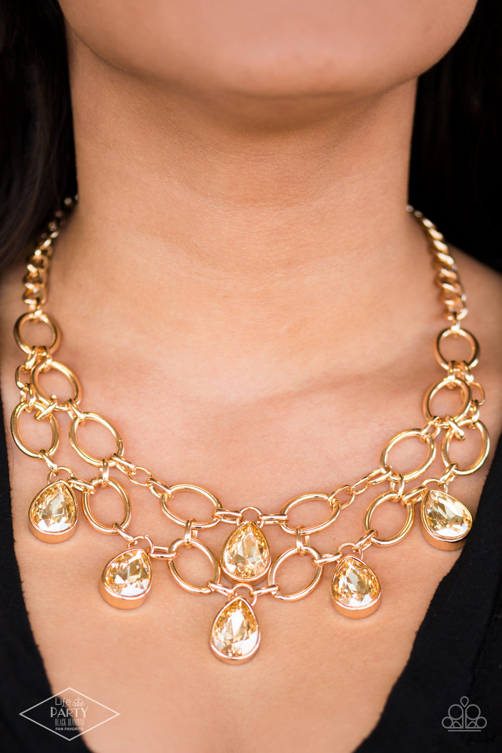 Show-Stopping Shimmer - Gold White Rhinestone Life Of The Party Necklace Paparazzi N0908