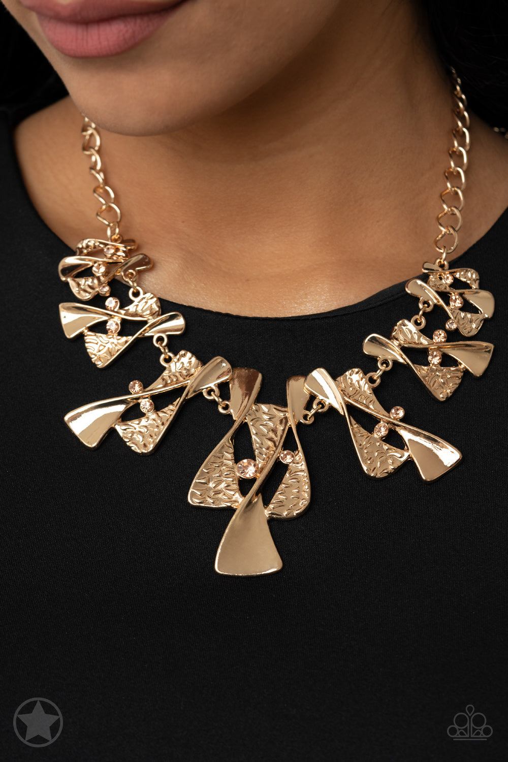 The Sands of Time Gold Hourglass Peach Rhinestone Blockbuster Necklace Paparazzi N0141