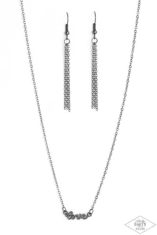 All My Love - Black Gunmetal Inspirational "Love" Necklace Life Of The Party Black Diamond Exclusive Paparazzi N1442