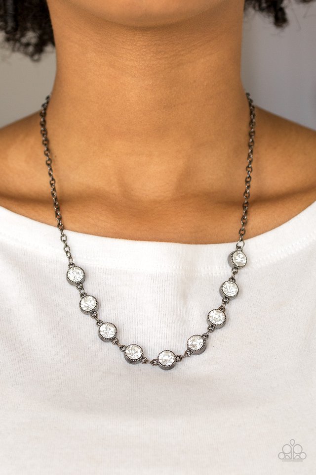 Starlit Social Black Gunmetal Frame White Rhinestone Necklace Paparazzi N0657