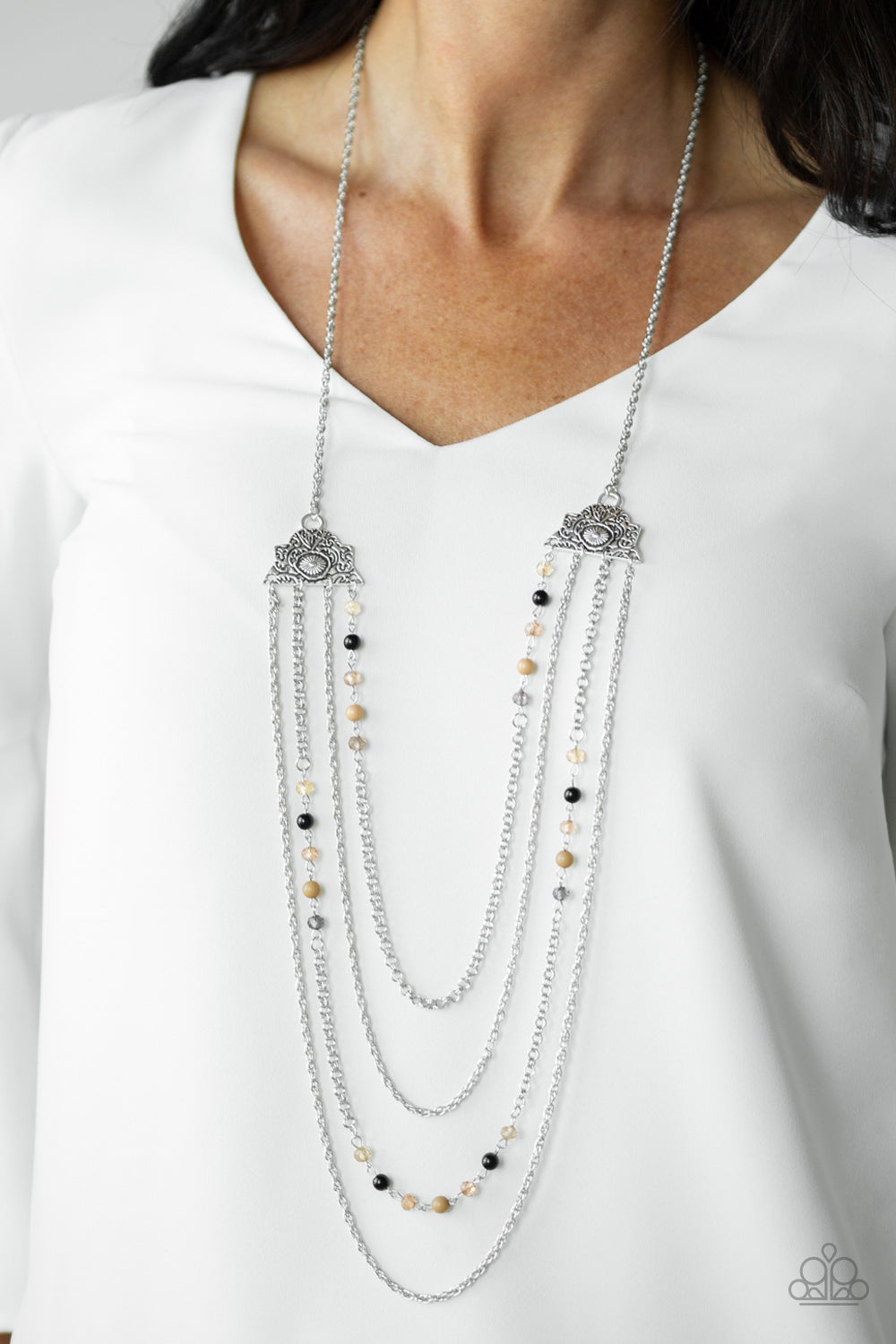 Pharaoh Finesse Multi Silver Brown, Black Bead Necklace Paparazzi N0147