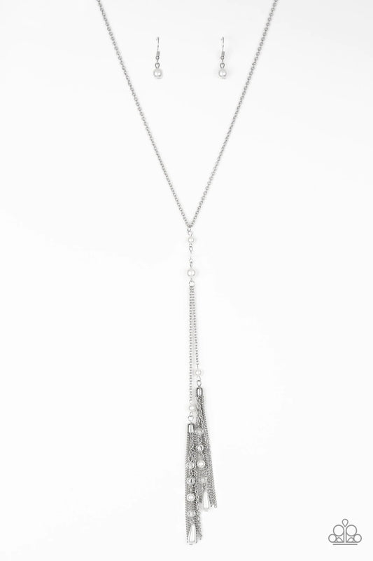 Timeless Tassels Silver Pearl Necklace Paparazzi N0152