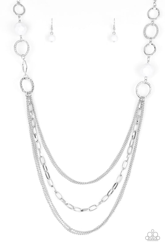 Margarita Masquerades White Bead Hammered Silver Necklace Paparazzi N0627