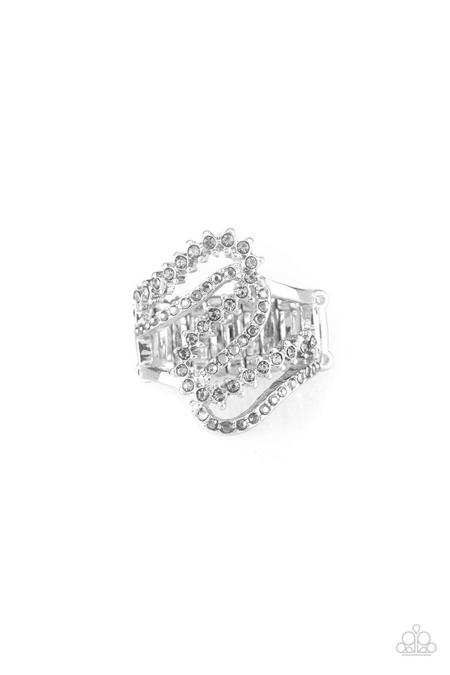 Make Waves Silver Hematite And Smoky Rhinestone Ring Paparazzi R0240